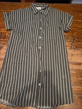 THML Green Button-Down Short Sleeve Shirt Dress with White Vertical Stripes